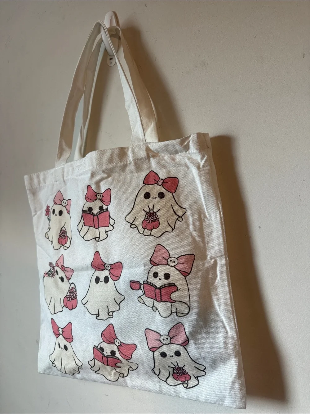 Cute Ghosts Canvas Tote Bag with Pink Bows